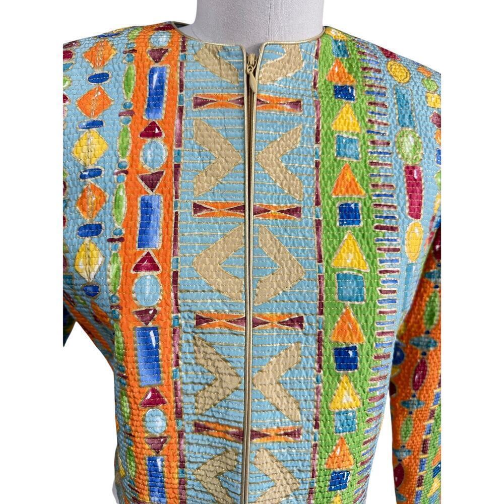 3 PC 80s VTG Carlisle Silk Pant Suit Yellow Geo Jacket +Blue/Green Pants Top S - Picture 4 of 13
